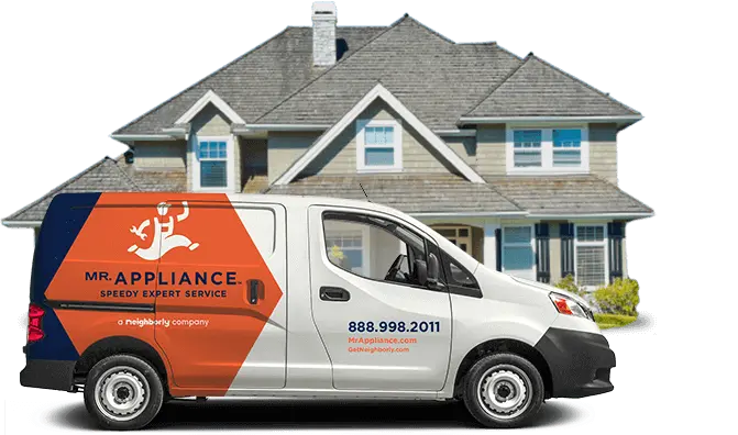 Mr. Appliance branded work van in front of two story home.